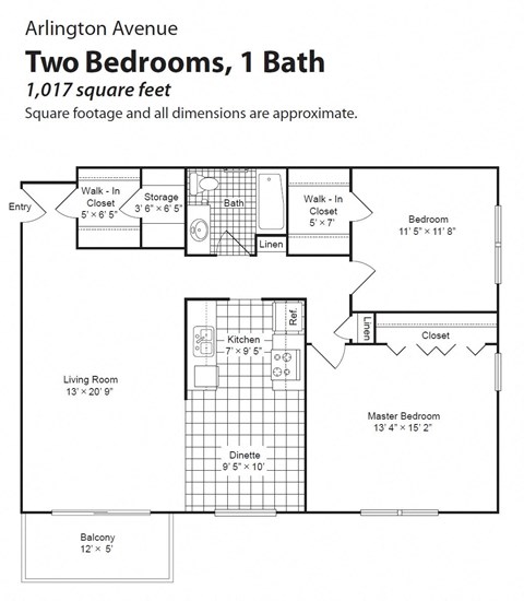 Floor plan for 2 beds, 1 bath, 1017 sqft